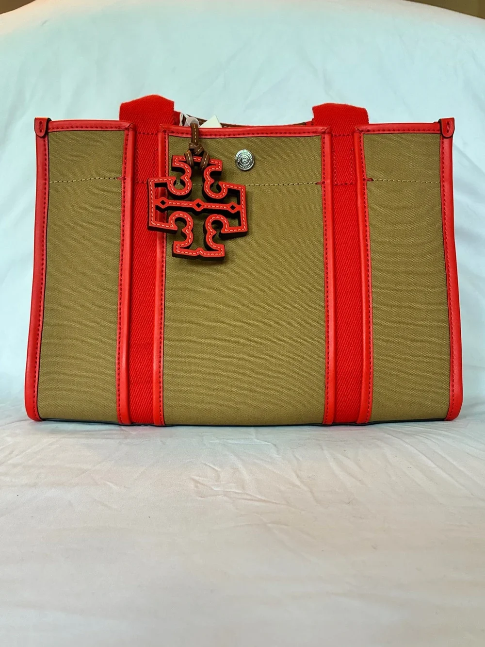 Tori Burch Tote Bag in Olive and Red with Logo Charm